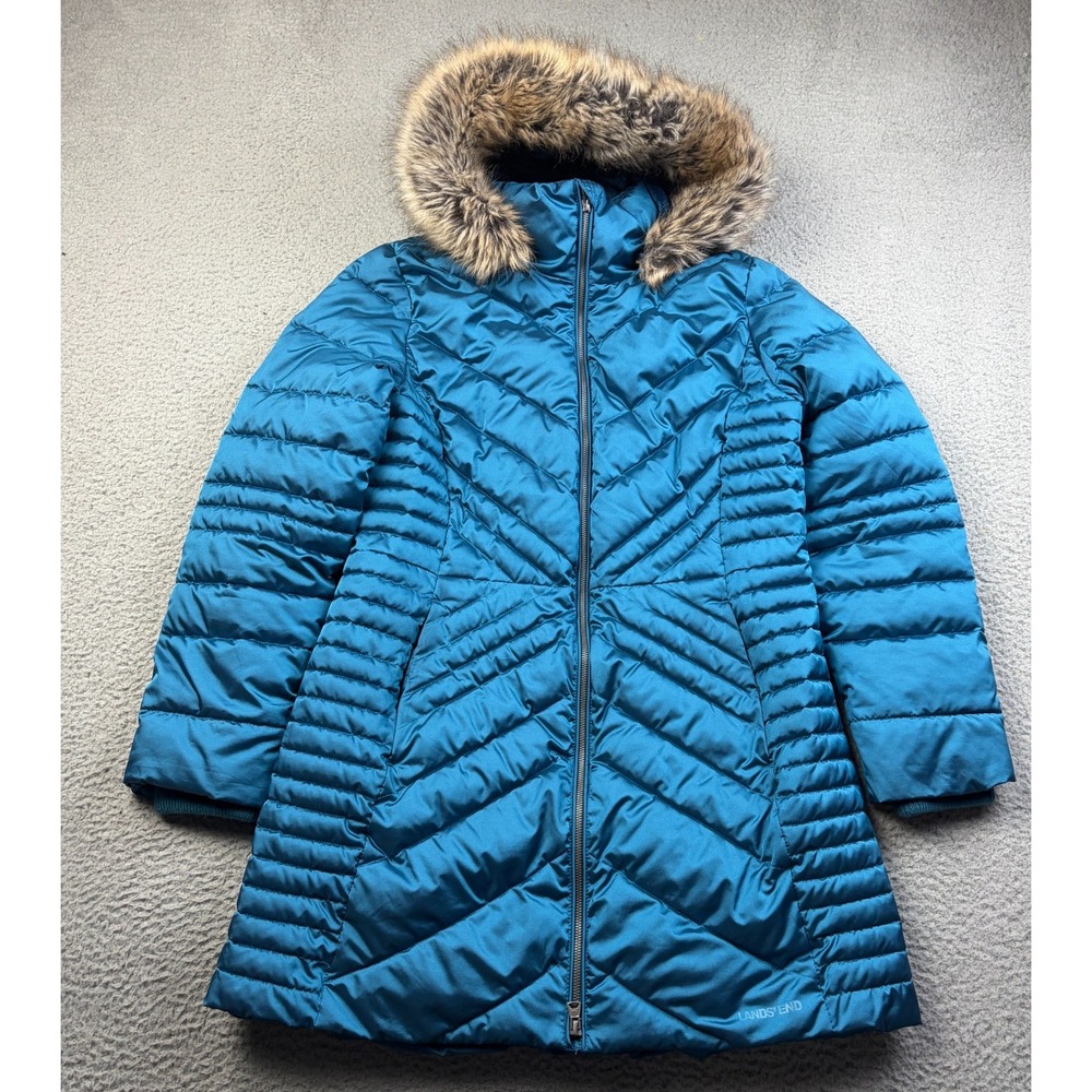 Lands End Puffer Jacket Women Medium FeatherFree Cozy Fleece Lined Coat Hooded